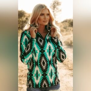 Gorgeous Teal And Grey Aztek 1/4 Zip Pullover Shirt With Pockets